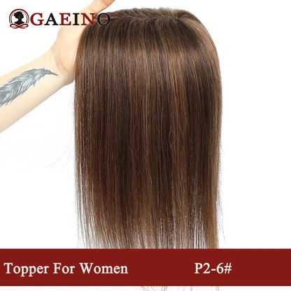 Straight Human Hair Topper With Bangs - Silk Base Clip In Real Hair Extension For Women Chocolate Brown Light Brown