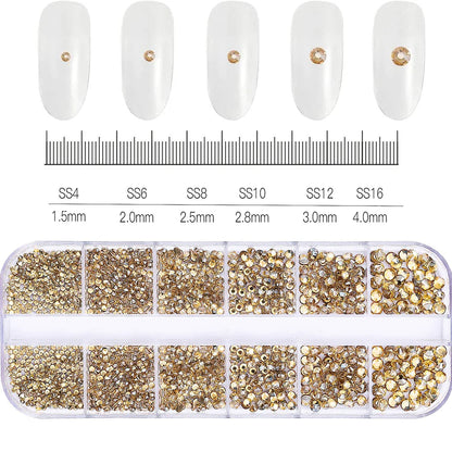 12-Grid 3D Glass AB Crystal Nail Art Rhinestones Kit – Flatback Round Beads with Tools for Nail Jewelry & Diamond Decoration