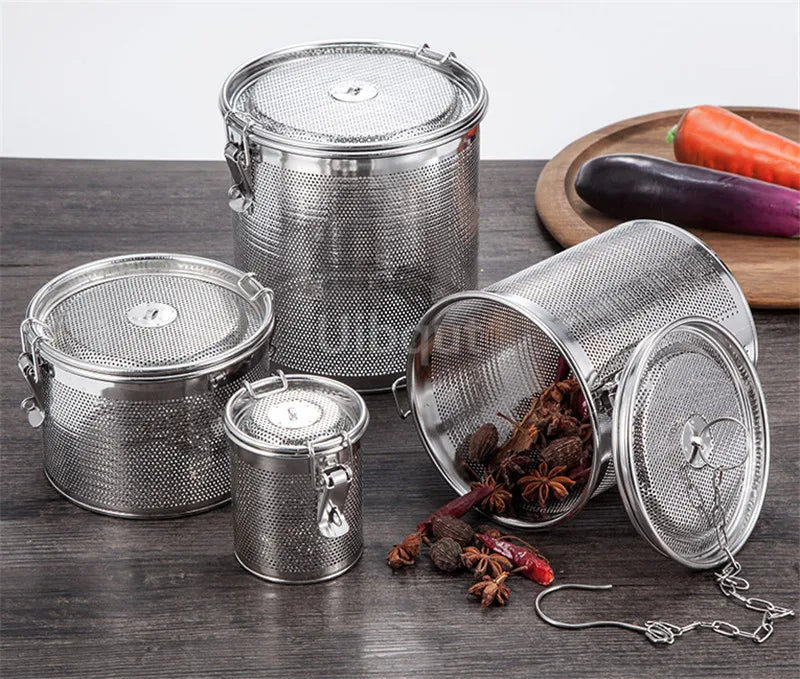 304 Stainless Steel Round Hole Seasoning Bag — Spice, Gravy & Soup Strainer Basket for Brine, Hot Pot, and Slag Separation
