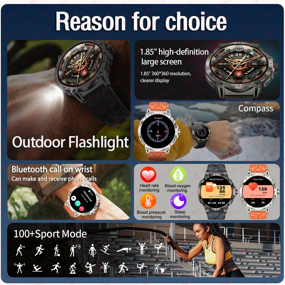 Military Smartwatch for Men – 760mAh Battery, LED Flashlight, Compass, 1.8" HD Screen, Heart Rate, Waterproof, BT Call