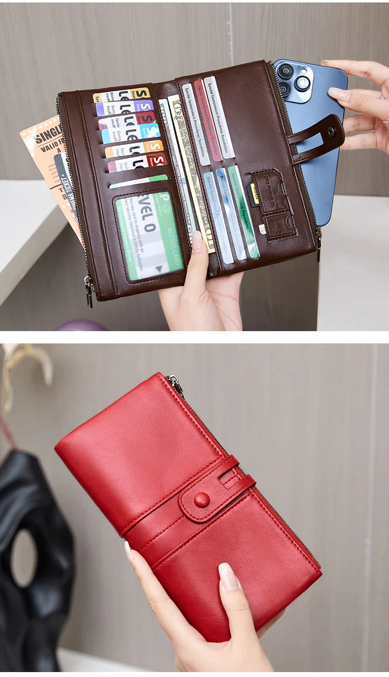 RFID Blocking Large Capacity Wallet – Soft Leather Solid Color Clutch, Multi-Functional Zipper Purse for Women & Men