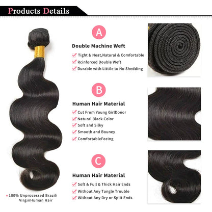 Body Wave Bundles – 100% Brazilian Human Hair Weave Extensions, Natural Black, 3PCS Bundle Deal