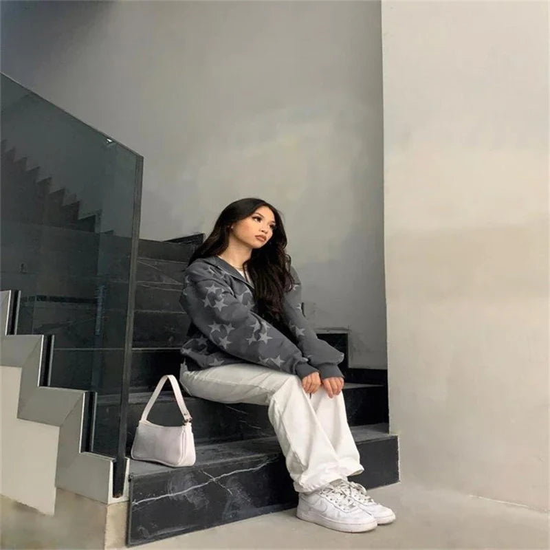 Y2K Star Print Hoodie Set - Harajuku Loose Streetwear Sweatshirt & Sweatpants
