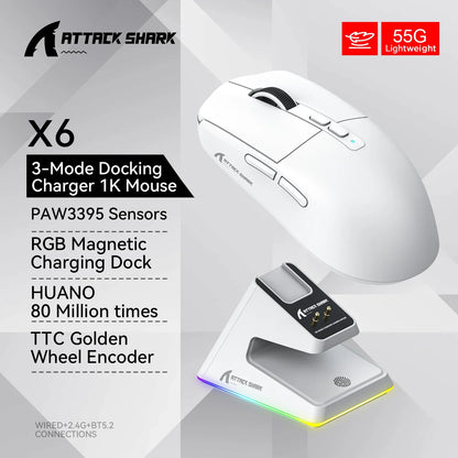 Attack Shark X6 PAW3395 Bluetooth Gaming Mouse — Tri-Mode Connection with RGB Touch, Magnetic Charging Base & Macro Functions