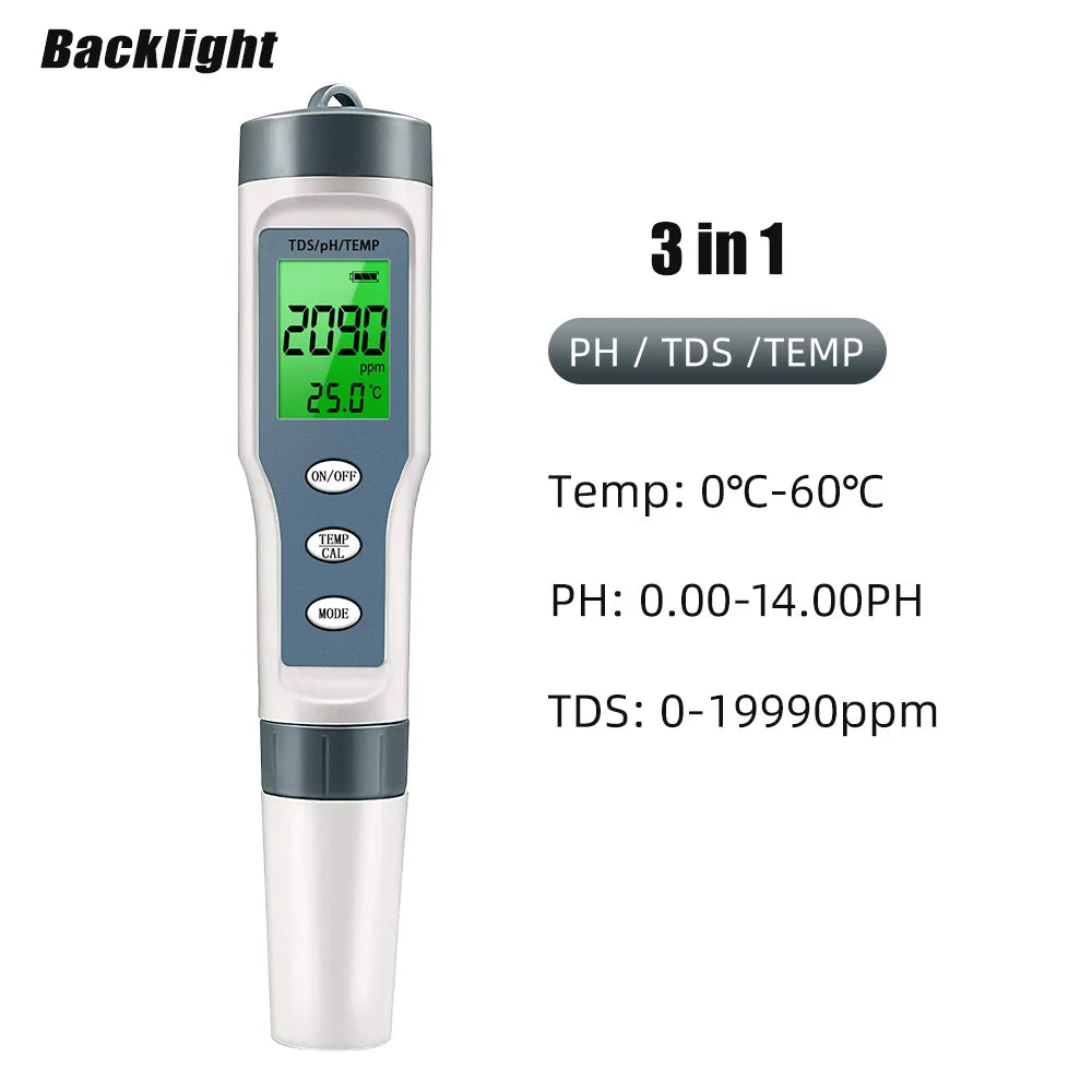 Waterproof PH Meter - PH/TDS/EC/Temp Digital Water Quality Monitor with Backlight for Pools, Drinking Water & Aquariums
