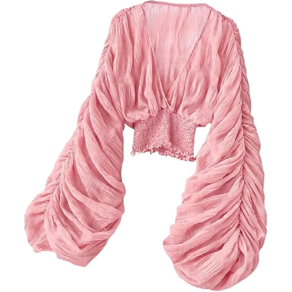 Women's Draped Chiffon Blouse - Elegant V-Neck Puff Sleeve Slim-Fit Party Top for Summer Fashion