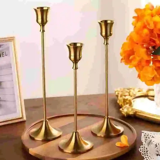 Set of 3 Vintage Metal & Aluminum Candle Holders — Elegant Tabletop Decor for Wedding, Anniversary, Home & Hotel