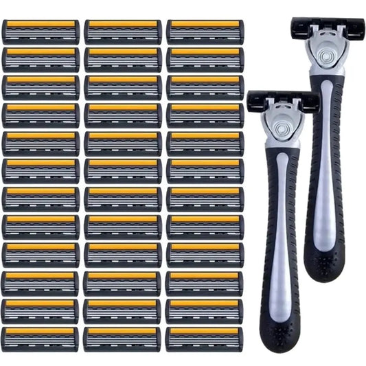 Men’s Reusable Safety Razor with Triple Blades – Anti-Slip Handle, Skin Guard, Travel Shaving Kit Variety Pack
