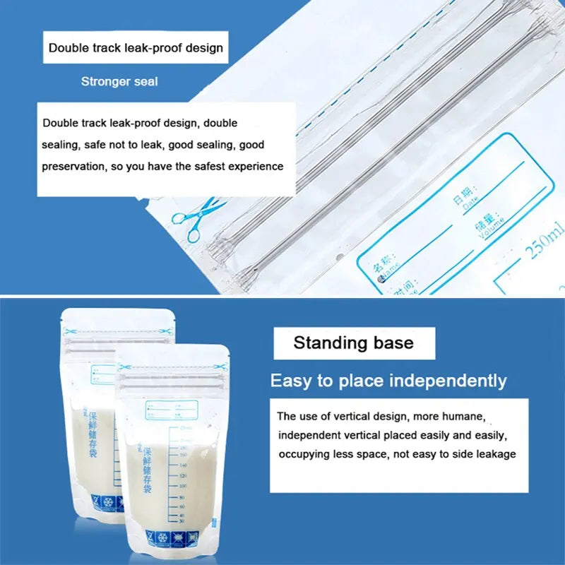250ml Self-Standing Breastmilk Storage Bags: No-Leak Freezer Bags for Baby Food - BPA-Free, Safe Feed Containers, Pack of 30pcs