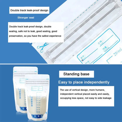 250ml Self-Standing Breastmilk Storage Bags: No-Leak Freezer Bags for Baby Food - BPA-Free, Safe Feed Containers, Pack of 30pcs