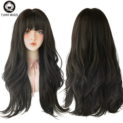7JHH Brown Ash Long Deep Wave Lolita Wig for Women — Synthetic Hair with Bangs, Thick Curly Fashion Wig