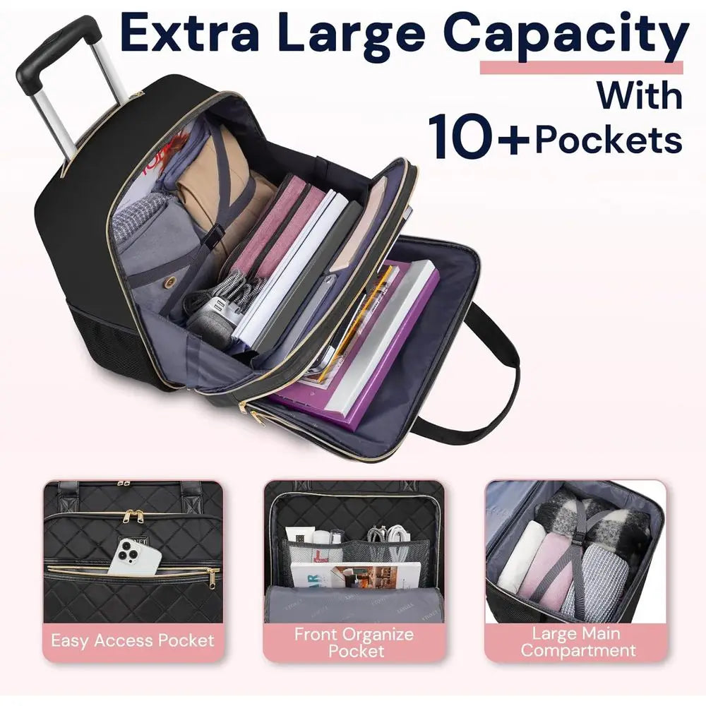 Extra Large 18" Laptop Rolling Bag for Women – Black Travel, Work & College Bag with Wheels