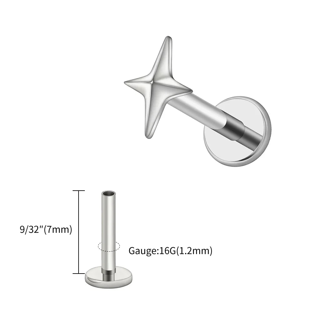 Right Grand ASTM F136 Titanium 16G Four-Pointed Star Cartilage Stud Earring – Helix, Tragus, Flatback Labret & Nose Piercing Jewelry