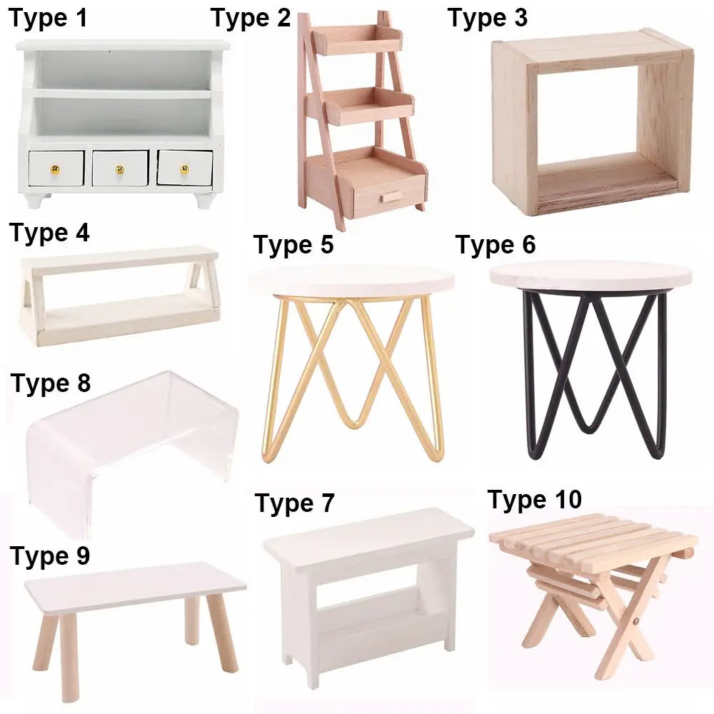 1:12 Scale Dollhouse Furniture - Miniature Teatable, Wood Stool, Flower Rack - Dolls Accessories & Photography Props