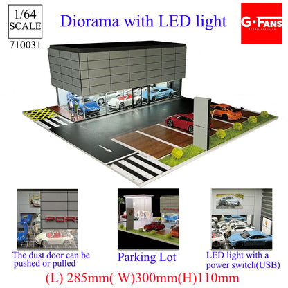 GFans 1:64 Scale Diorama Car Garage Model – LED Lighted Parking Lot DIY City Set for Collection & Display Gifts