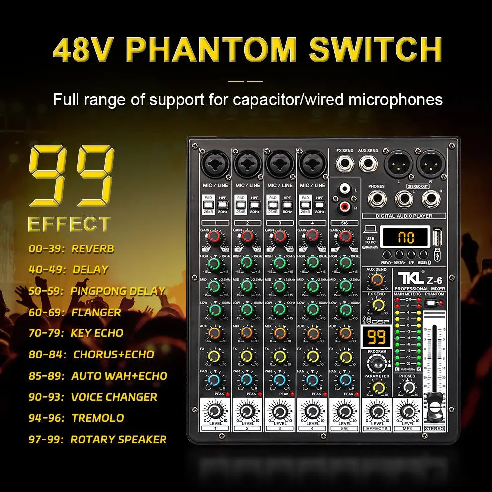 TKLBLS Professional 6 Channel Audio Mixer – 99 DSP Effects, 48V Phantom Power, USB, Bluetooth DJ Console for Studio & Karaoke