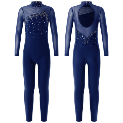 Kids Girls Long Sleeve Rhinestone Bodysuit — Full Body Dancewear Gymnastics Leotard Skating Jumpsuit
