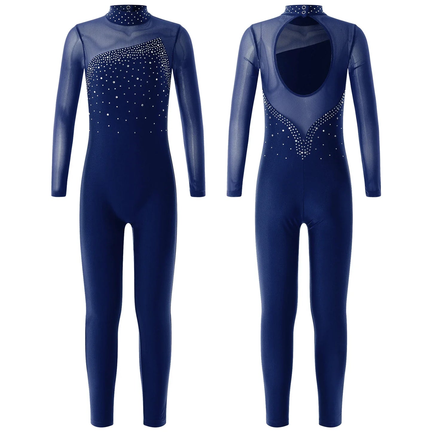 Kids Girls Long Sleeve Rhinestone Bodysuit — Full Body Dancewear Gymnastics Leotard Skating Jumpsuit