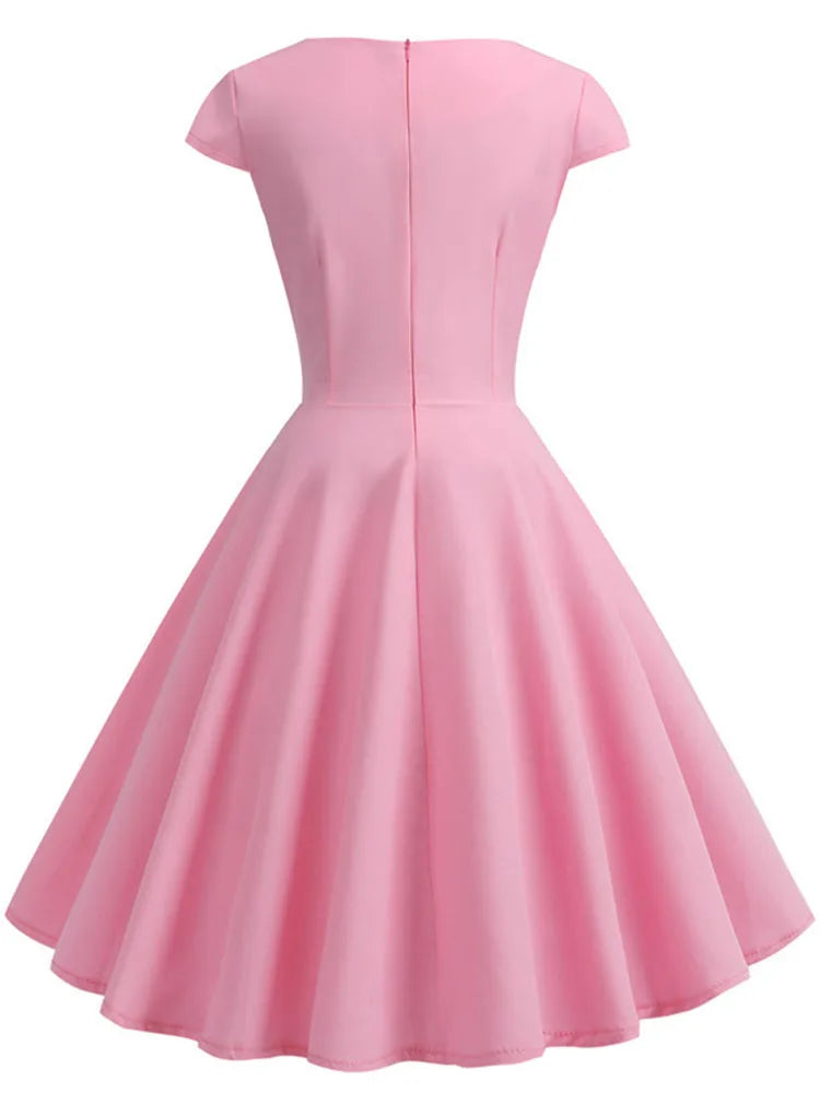 Women’s Pink Summer Dress – V-Neck Vintage Retro Midi Party & Office Dress