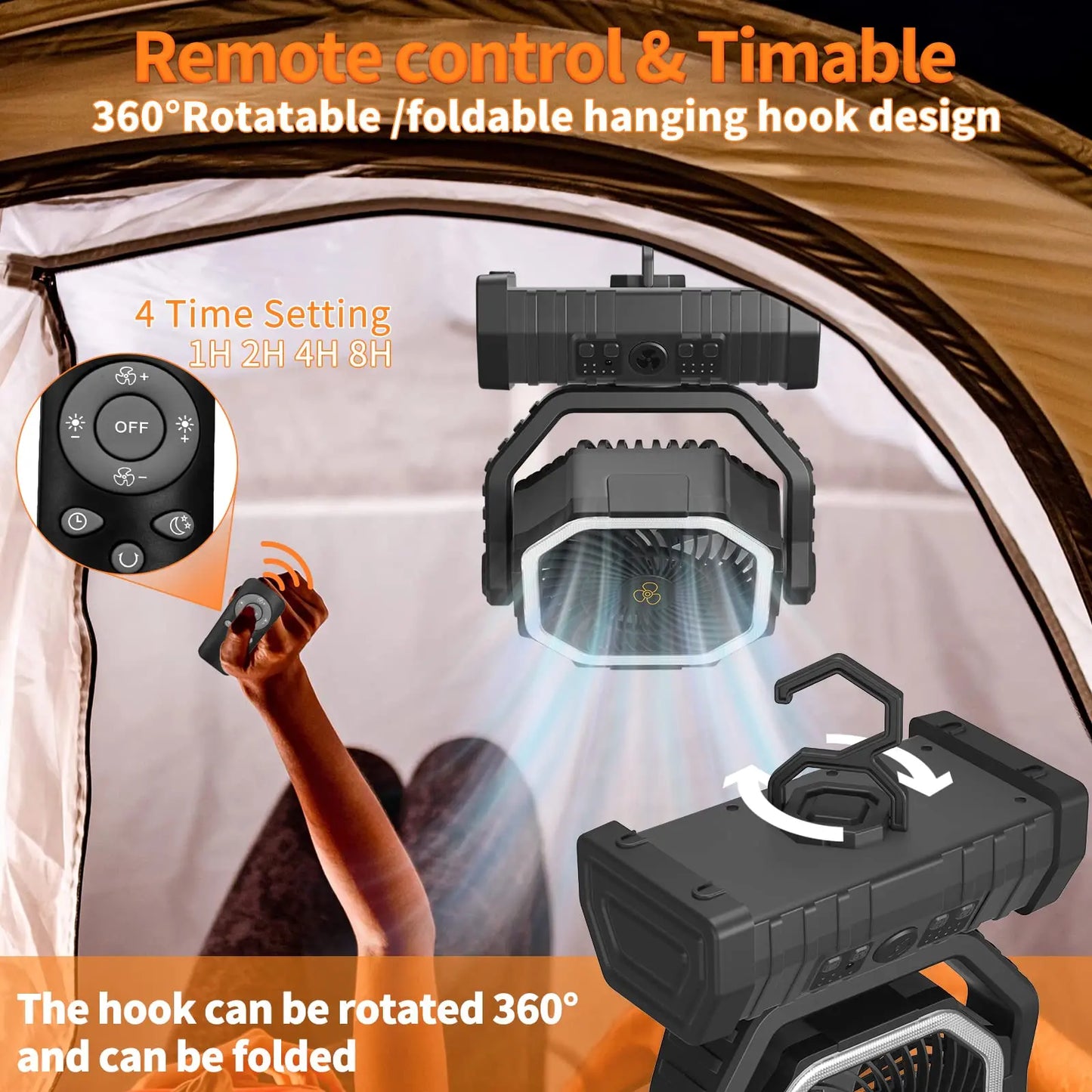 20000mAh / 10000mAh USB Rechargeable Camping Fan — Portable Wireless Air Circulator with 270° Rotating Head & Hook