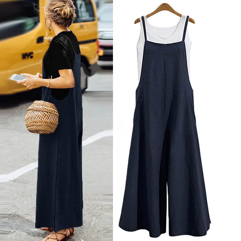 Women’s Summer Wide Leg Jumpsuit Overalls – Solid Color Sleeveless Cotton Linen Bib Dungaree, Casual Loose Fit Plus Size 5XL