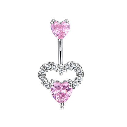 Pink Crown Belly Button Ring – Stainless Steel Heart Navel Piercing Barbell with Crystal for Women & Girls
