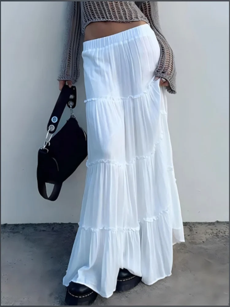 Women’s High Waist White Autumn Skirt – Lotus Leaf Edge Pleated Solid Color Cake Skirt, Trendy Comfortable Design