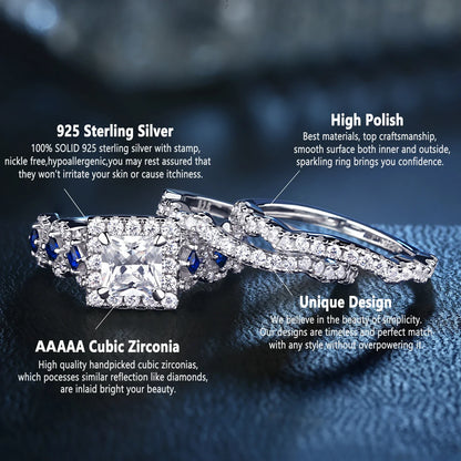 Newshe 3-Piece Women’s Wedding Ring Set – 925 Silver 2.6Ct Princess Cut White & Blue CZ Bridal Jewelry