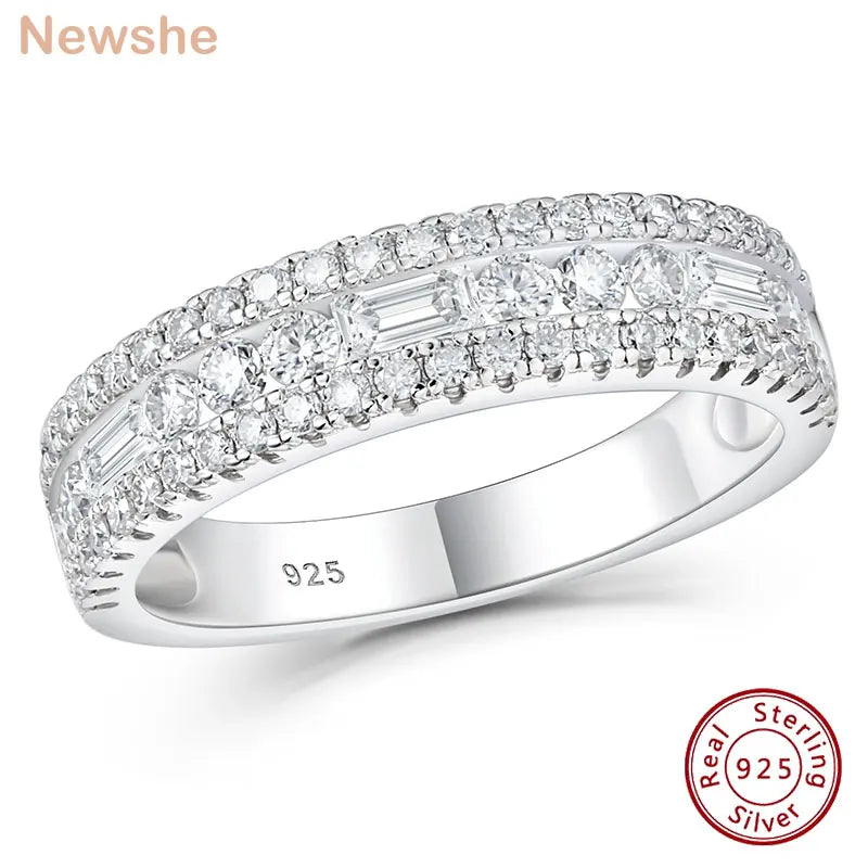 Newshe Moissanite Wedding Band for Women — Wide 925 Sterling Silver Promise & Engagement Ring with Round or Emerald Cut Simulated Diamond