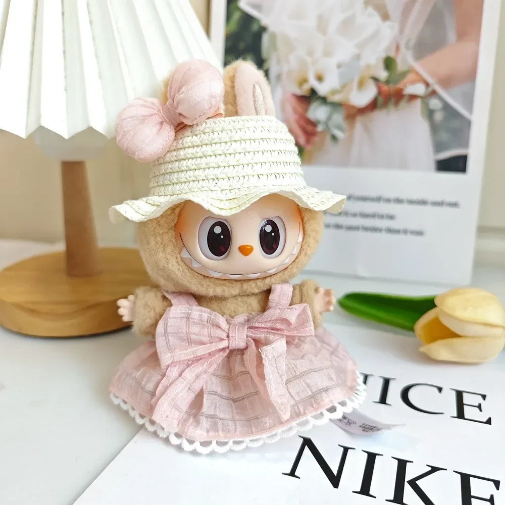 Labubu Clothes Outfit — Sweet Candy Skirt with Fresh Colors & Straw Hat Rural Style for Sitting Party Labubu