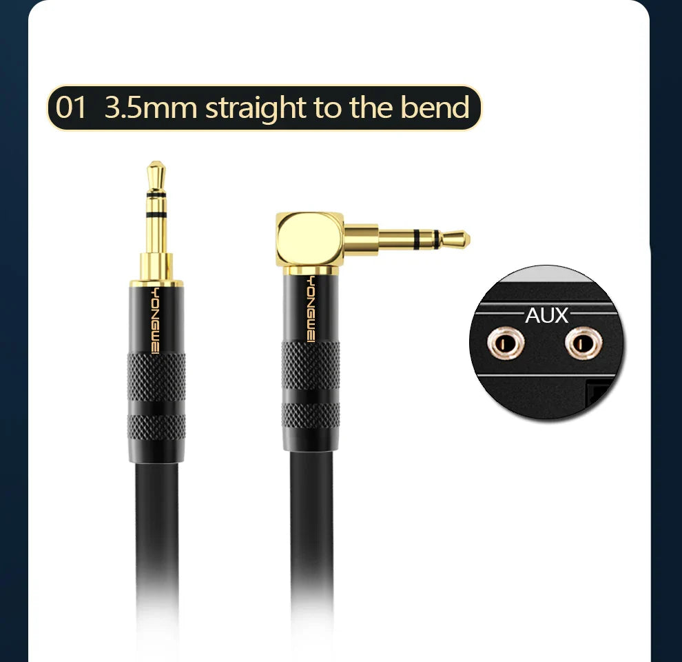 YONGWEI 3.5mm AUX Audio Cable - Straight to Curved Male-to-Male for Car, Mobile Phone, Computer, Speaker and Headset Extension