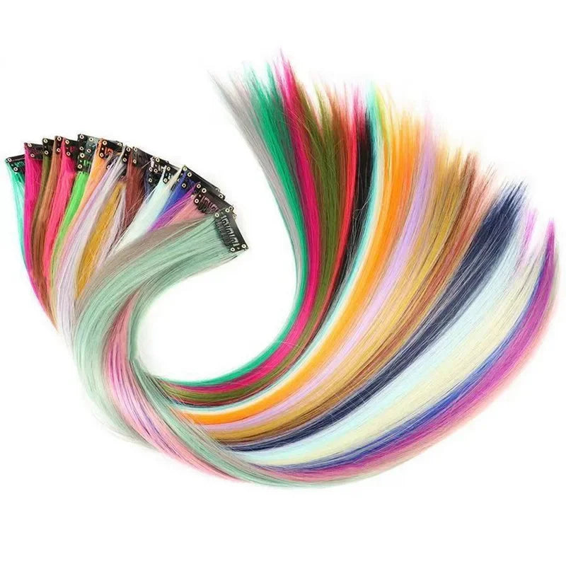 22-Inch Rainbow Highlight Synthetic Hair Extensions – Long Straight Colorful Hairpiece for Women & Kids