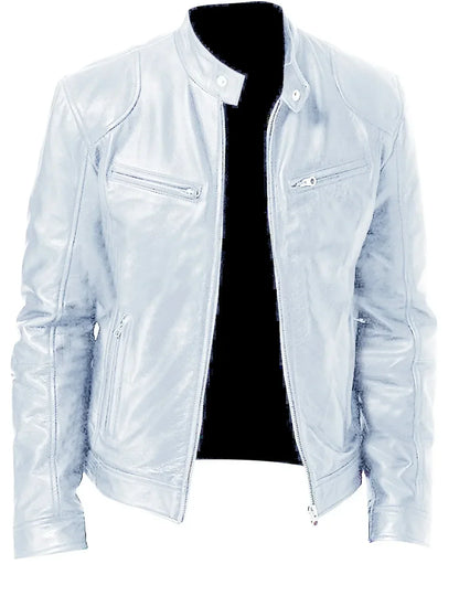 Men’s Slim Fit Motorcycle Leather Jacket – Short Lapel PU Zipper Windproof Coat for Autumn