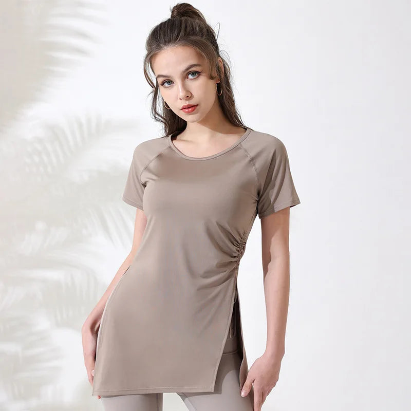 Women’s Short Sleeve Yoga Workout Top – Breathable Gym Fitness Shirt with Side Drawstring Split Hem Sportswear for Training & Running