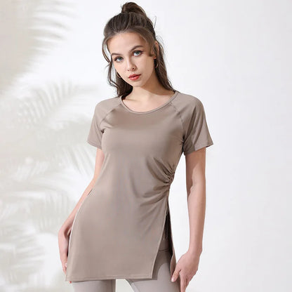 Women’s Short Sleeve Yoga Workout Top – Breathable Gym Fitness Shirt with Side Drawstring Split Hem Sportswear for Training & Running
