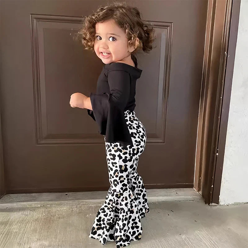 2PCS Baby Girl Clothes Set - Black Pullover Top & Leopard Print Bell-Bottoms, Autumn Outfit for 2-8 Years Old