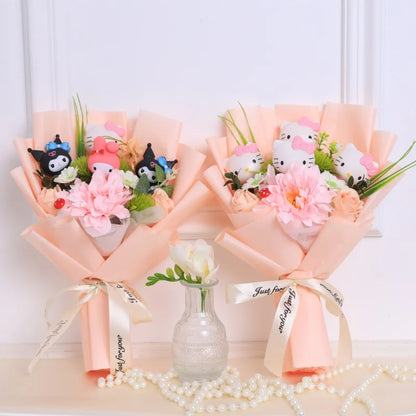 Kawaii Hello Kitty Cat Dolls with Artificial Flowers – Creative Sanrio Bouquet for Christmas, Valentine’s & Birthday Graduation Gifts