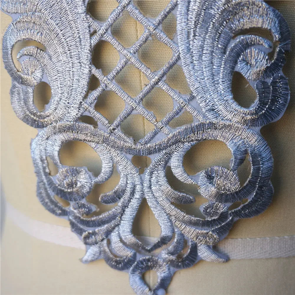 Silver Baroque Sequin Flower Applique – Embroidered Iron-On Patch for Wedding & DIY Crafts