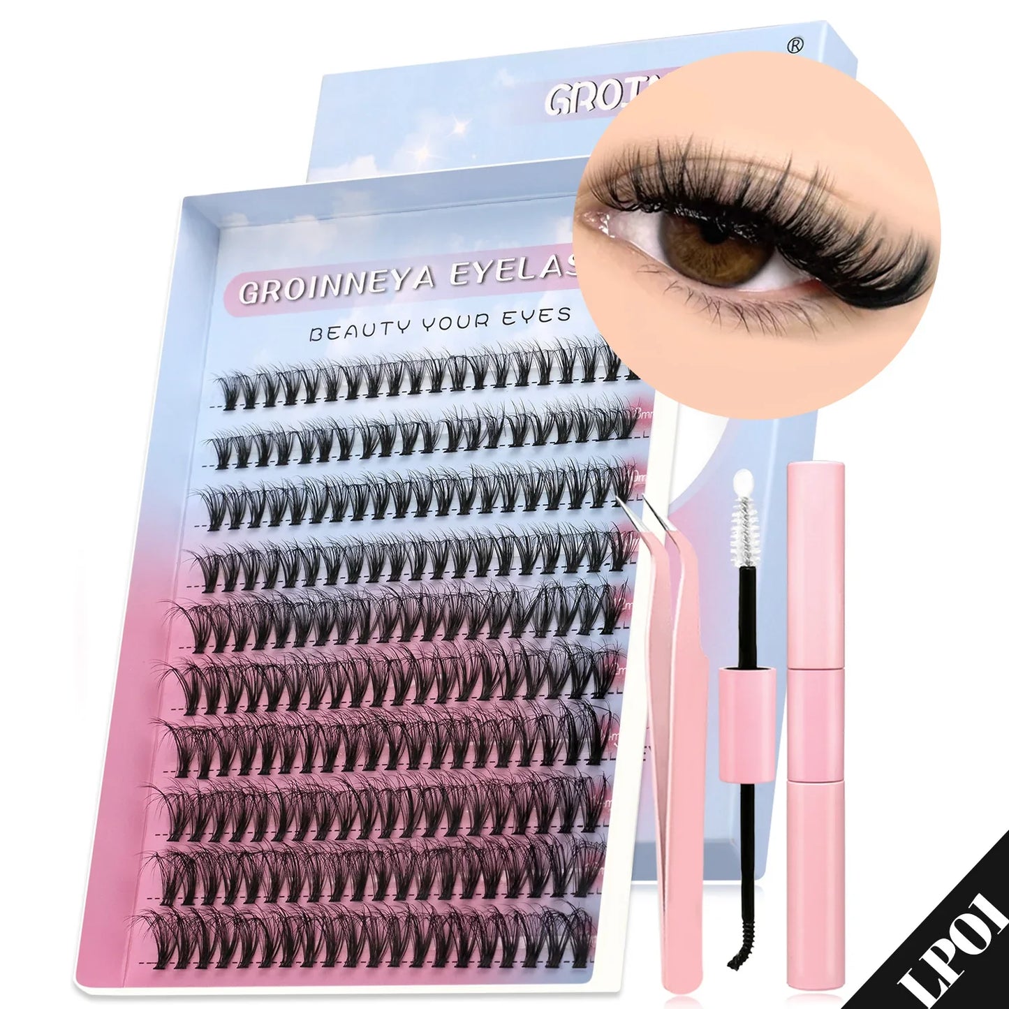 GROINNEYA Cat Lash Clusters Kit – 640pcs with Lash Bond & Seal, DIY Eyelash Extensions for Home Use