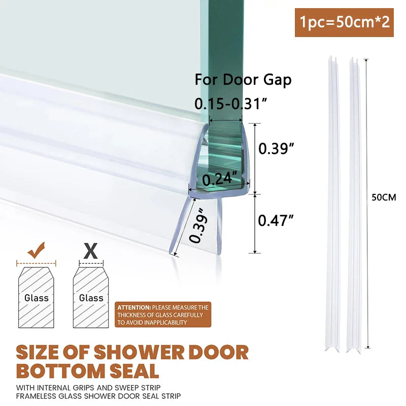 Shower Door Bottom Seal Strip – 4-6mm Frameless Glass Bathroom Door Sweep 50cm 2pcs