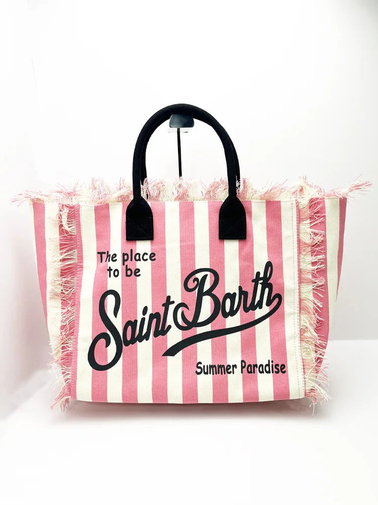 SAINT BARTH Autumn Winter Plush Towel Bag – Women’s Large Capacity Striped Casual Handbag with Tassel