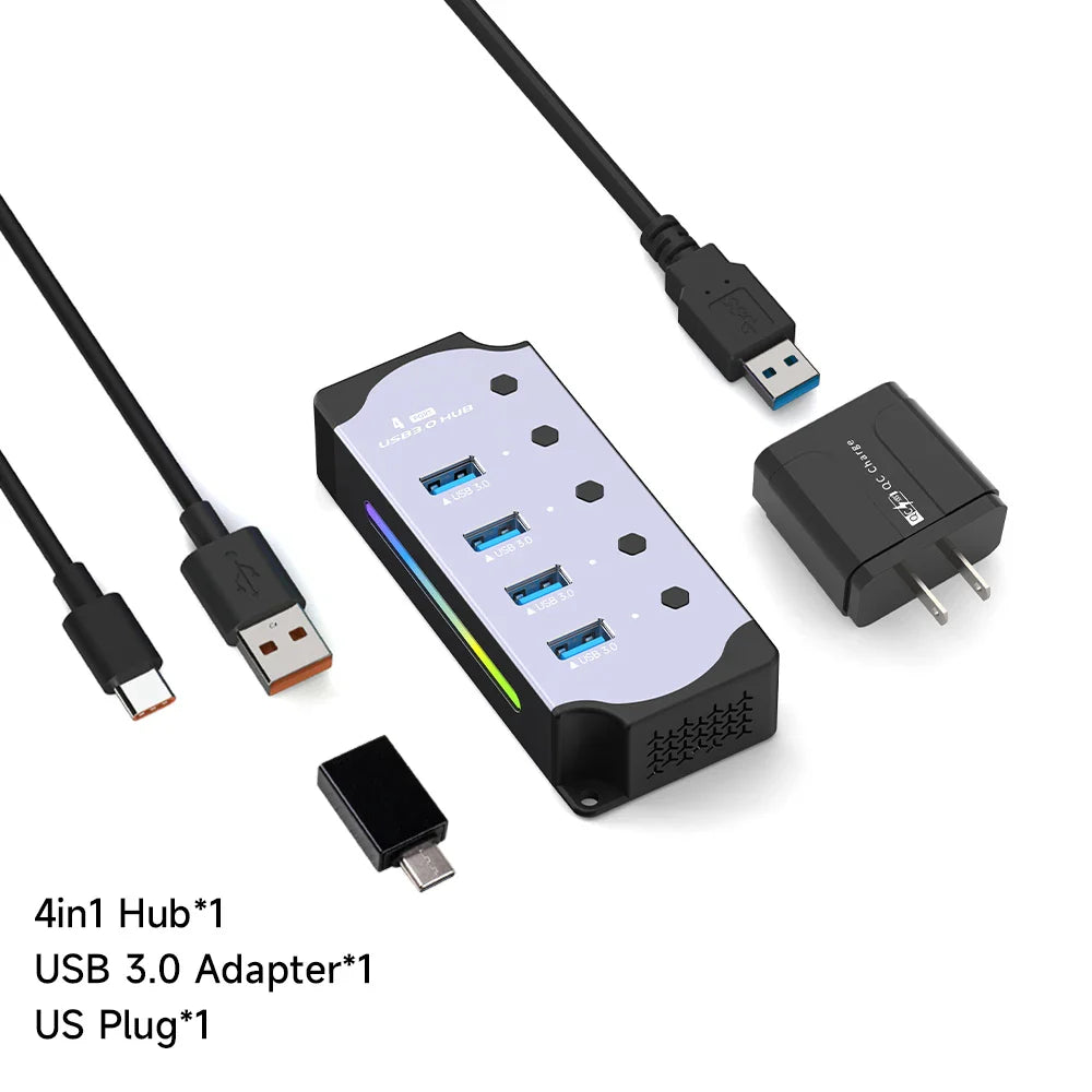 10-in-1 USB 3.0 Powered Hub — RGB E-Marker with Individual Switches & Heat Dissipation, DC 5V Adapter