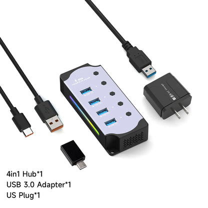 10-in-1 USB 3.0 Powered Hub — RGB E-Marker with Individual Switches & Heat Dissipation, DC 5V Adapter