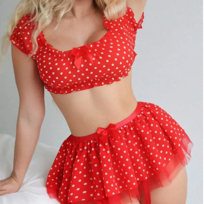 Women’s Polka Dot Tutu Lingerie Set — Sexy Off-the-Shoulder Two-Piece Fashionable Sleepwear