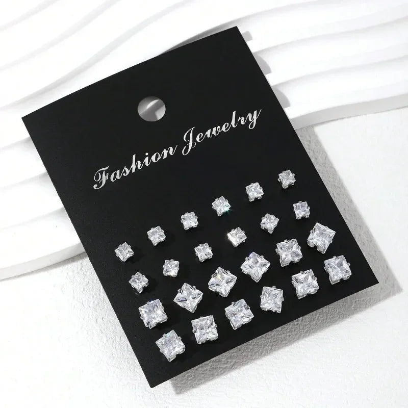 12 Pairs Square Zircon Earrings Set for Men & Women – Fashionable Simple Daily Wear Jewelry Collection, Elegant Gift Accessory Set