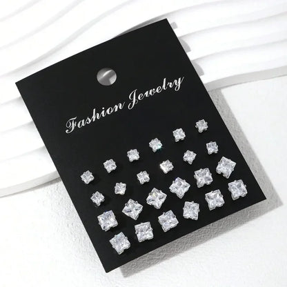 12 Pairs Square Zircon Earrings Set for Men & Women – Fashionable Simple Daily Wear Jewelry Collection, Elegant Gift Accessory Set