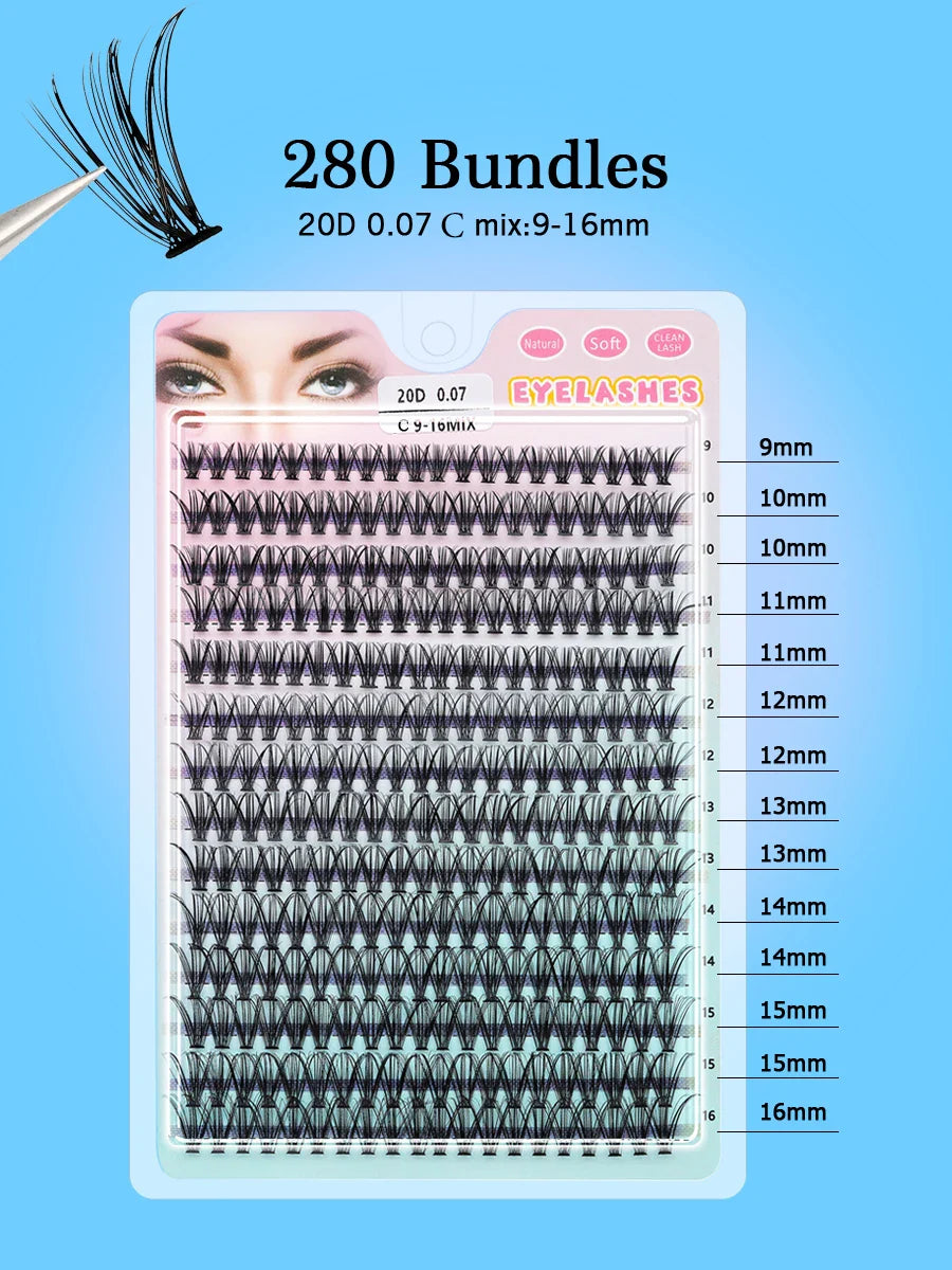 Individual Cluster Lashes – 20-100D Natural Look DIY Eyelash Extensions, 280pcs Mixed Tray Volume Lashes