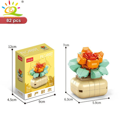 HUIQIBAO MOC Flower & Succulent Potted Building Block Set – DIY Eternal Bouquet, Home Desk Plant Decor, Girls & Kids Toy Gift