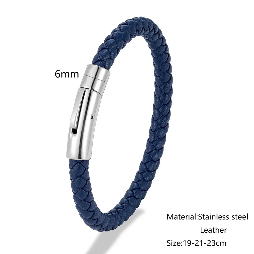 MKENDN Red Braided Leather Bracelet - 6mm Stainless Steel Button Unisex Couple Jewelry Gift Classic Simple Design