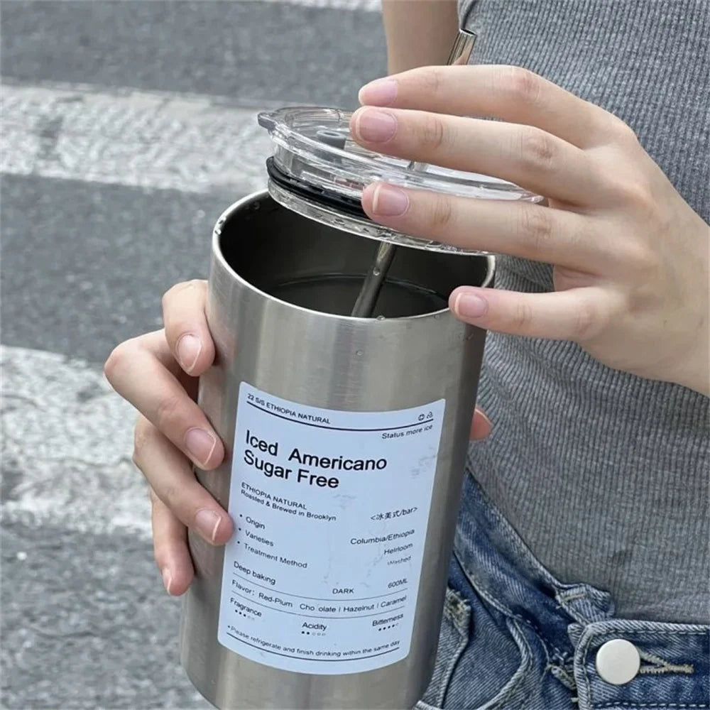 600ml Portable Stainless Steel Thermos Cup - Leak-proof Coffee Mug with Straw, Insulated Water Bottle for Drinkware